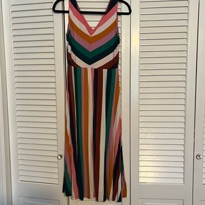 Dress comes to calf.  Comfortable and fun